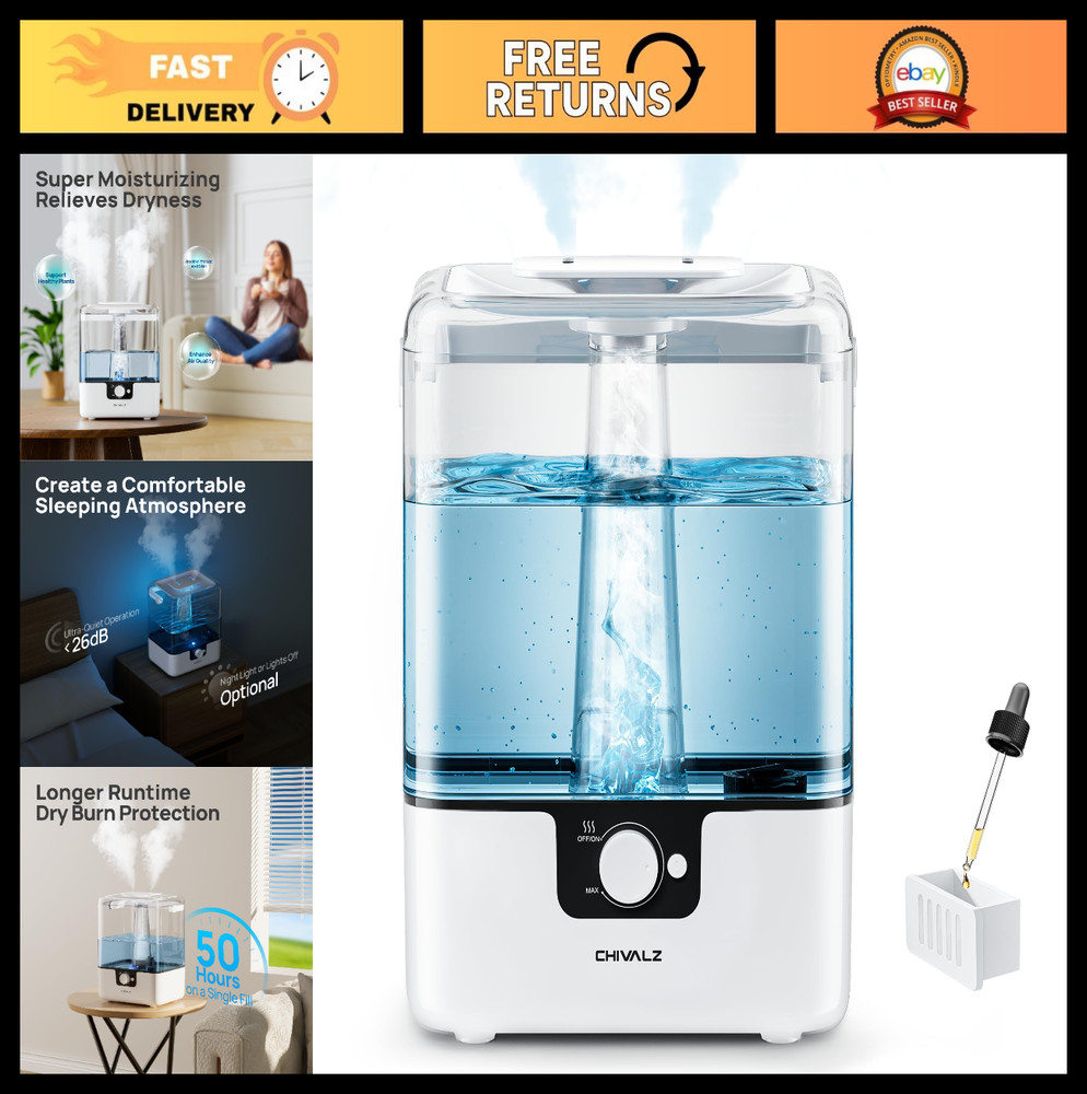 Large Room Cool Mist Humidifier 6L Top Fill Essential Oil Diffuser, Quiet 50H Ru