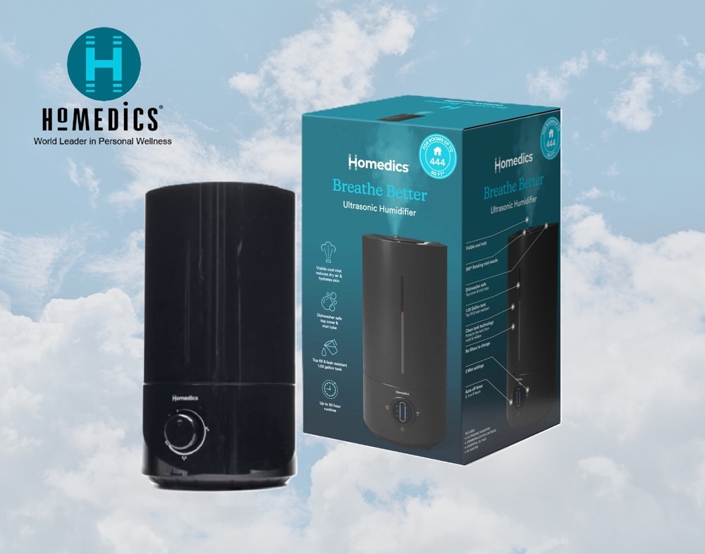 HoMedics Ultrasonic Cool Mist 1.05 GL. Humidifier Dishwasher-Safe Components NEW