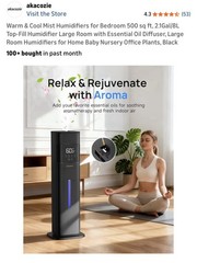 akacozie Ultrasonic Tower Humidifier AKA-MH-2407 2.1Gal 8L 500sqft Black