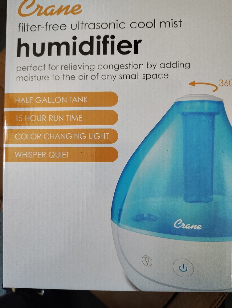 Crane Filter Free Ultrasonic Cool Mist Humidifier Blue Color Changing Never Open