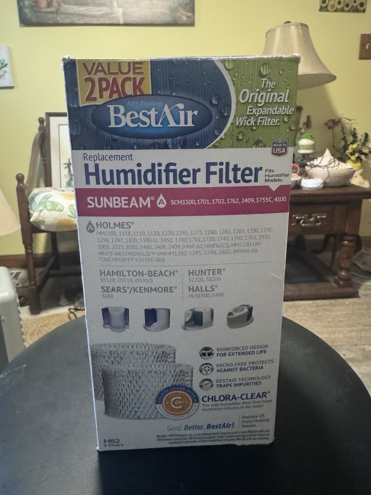 BestAir H62 Humidifier Filters 2-pack with Chlora-Clear for Sunbeam, Holmes, Etc