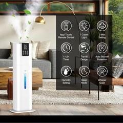 Tower Ultrasonic Humidifier 8L, Remote/App Control, 3 Mist, Timer, Black/White