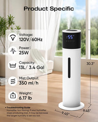 13L Humidifier Large Room, 100H Runtime 28 Db Quiet Cool Mist Air Humidifiers fo