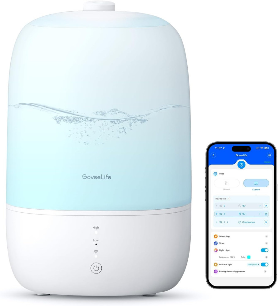 Smart Humidifiers for Bedroom, 3L Top Fill Cool Mist Humidifier, 24Db Quiet Runt