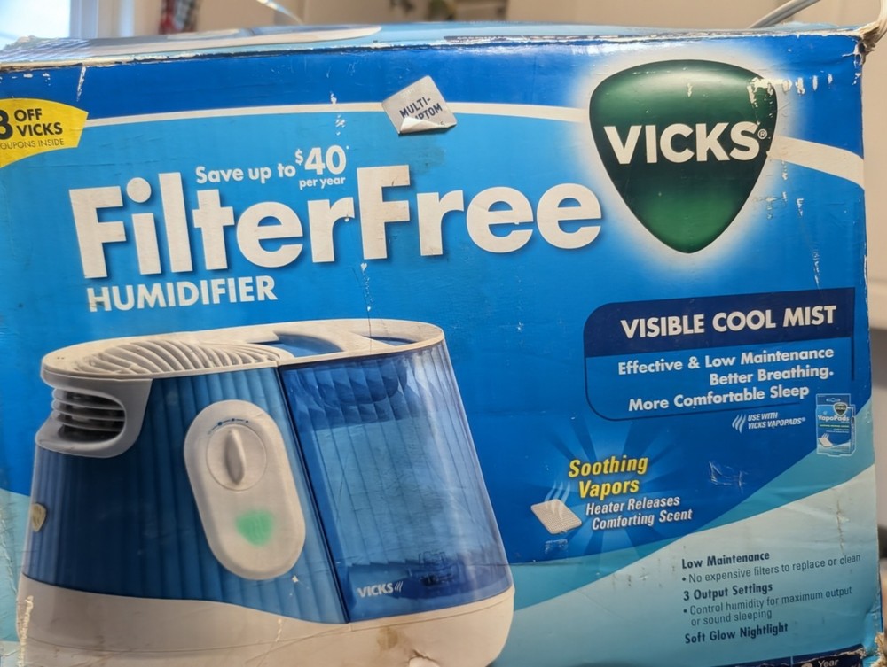 Vicks FilterFree Tabletop Cool Mist Humidifier, Night Light, Blue/White