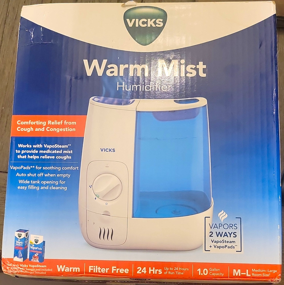 Vicks Warm Mist Humidifier Filter-Free Auto Shut Off 1.0gal 24hr Timer