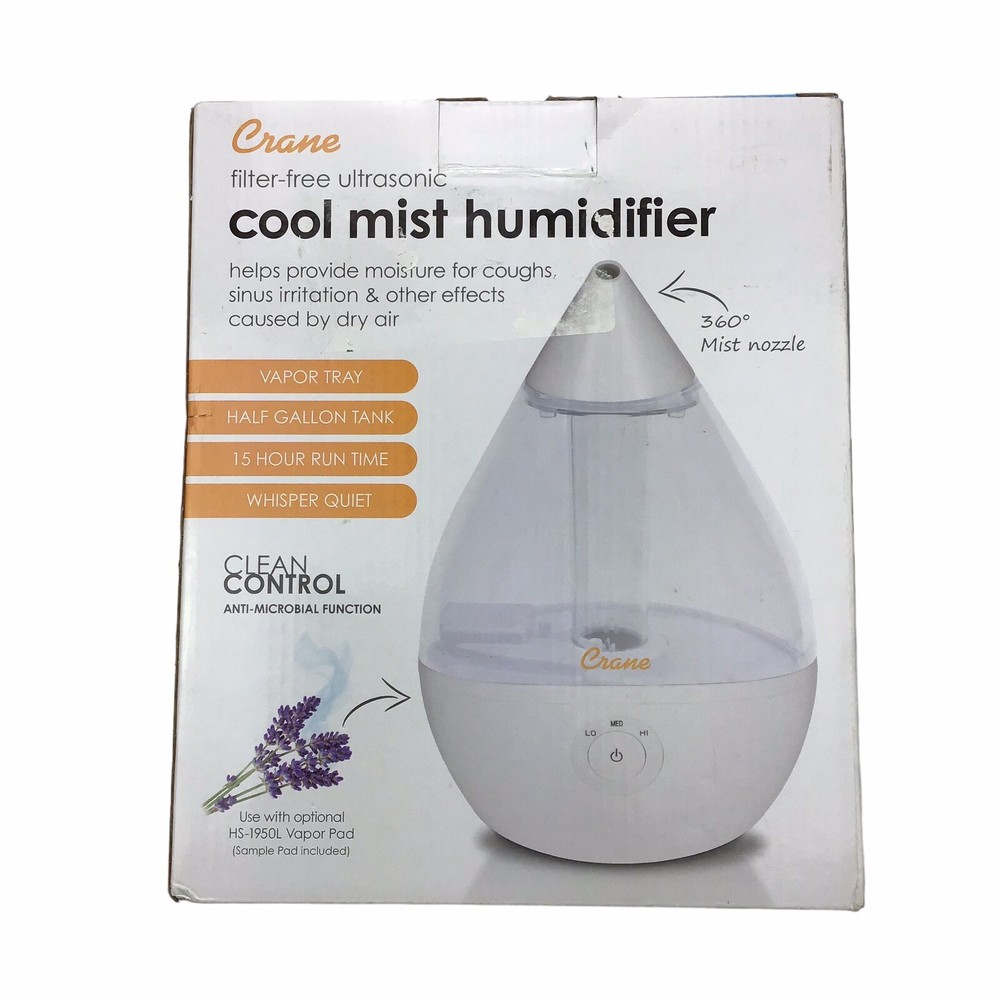 Crane Droplet Ultrasonic Cool Mist Humidifier 0.5 Gallon Tank Clear & White