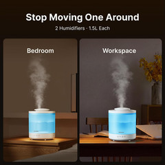Humidifiers for Bedroom, Large Room, 1.5L Top-Fill, 2 Packs | 3 in 1 Ultrasonic