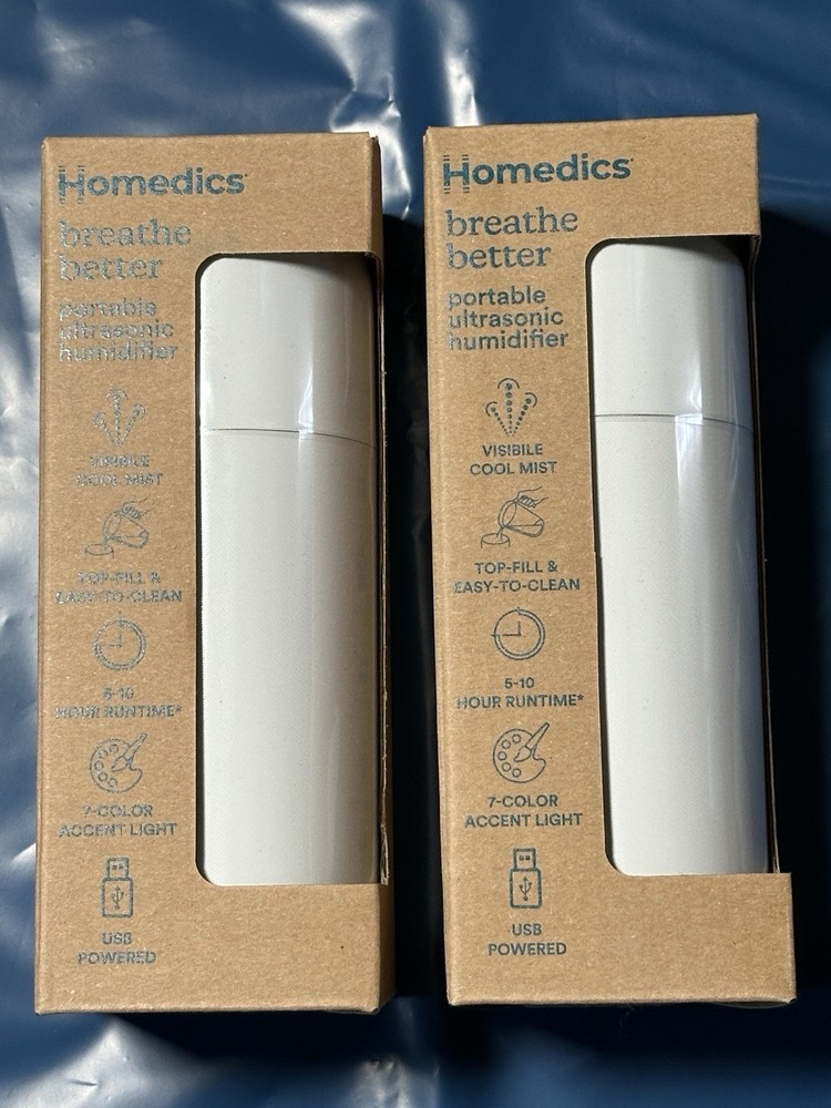 NEW SEALED LOT OF 2 HoMedics Portable Ultrasonic Humidifier White Travel Size