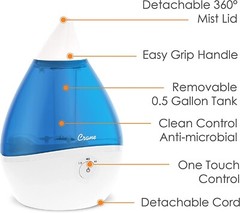 New in Box Crane Droplet Ultrasonic Humidifier, 0.5 Gallon, 3 Speed Output, Blue