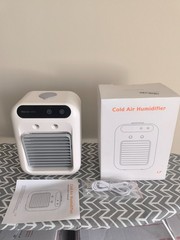 Cold Air Humidifier Battery Operated Rechargeable 2 Speed Large Water Tank White