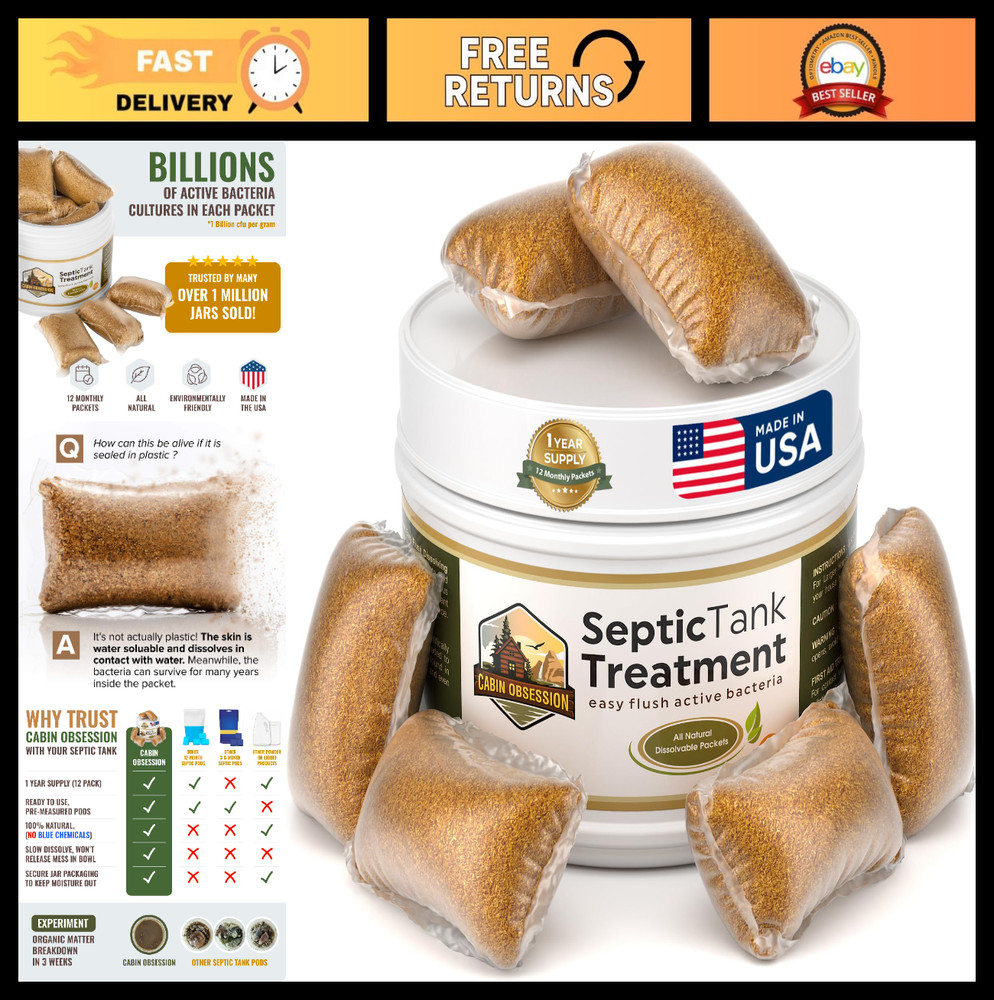 Septic Tank Treatment – 1 Year Supply of Easy Flush Live Bacteria Packets (12 Co