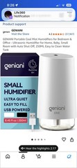 Geniani ERIE Mini Humidifier Travel 250ml Cool Mist USB White