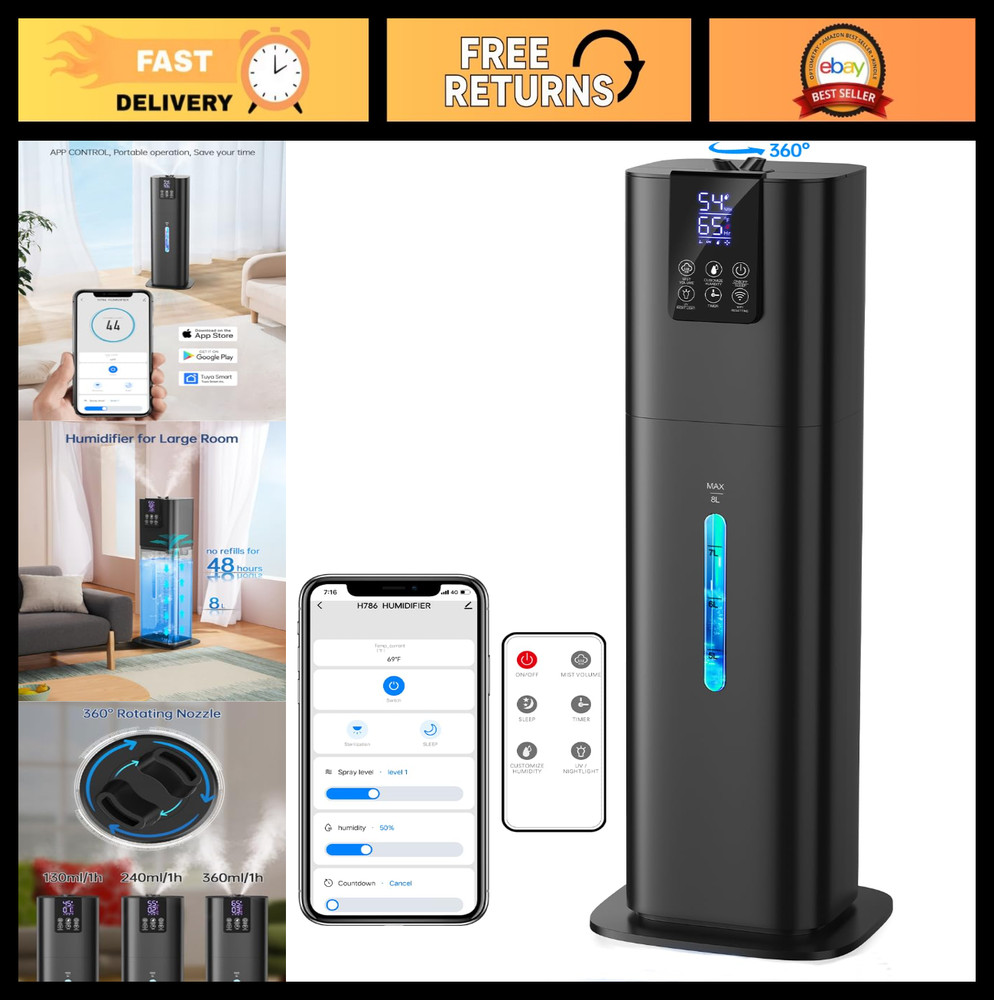 8L Cool Mist Humidifier for Large Rooms, Top Fill, App & Remote Control, 3 Modes