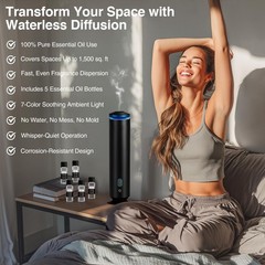 Waterless Scent Diffuser Starter Kit 1500SqFt 5Oils Mood Light Mist Nozzle Black