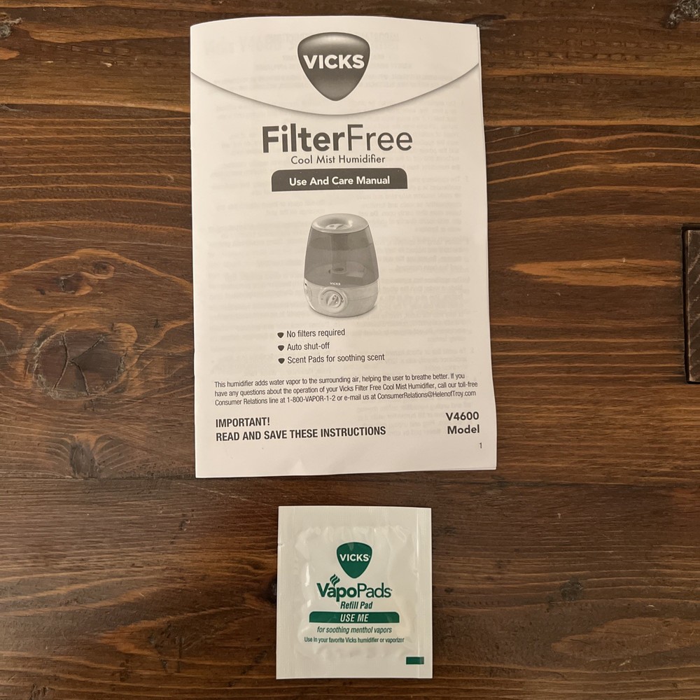 Manual for Vicks Humidifier Model V4600 Cool Mist Filter Free & VapoPads Refill