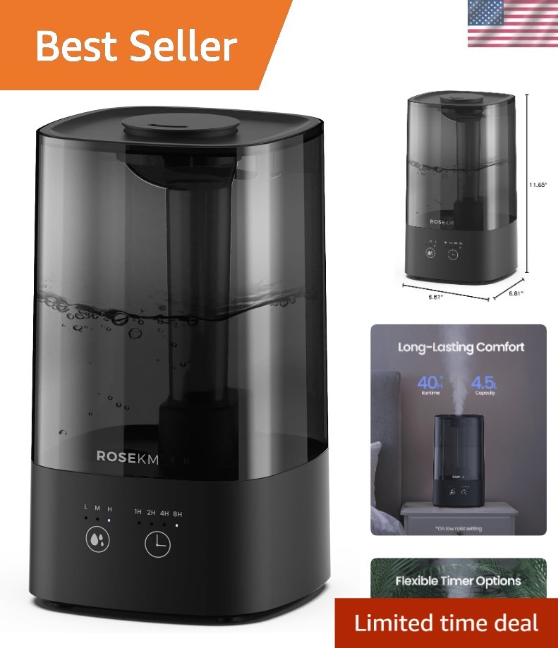 Large Room 4.5L Humidifier for Baby & Adult Comfort with Timed Mist Control