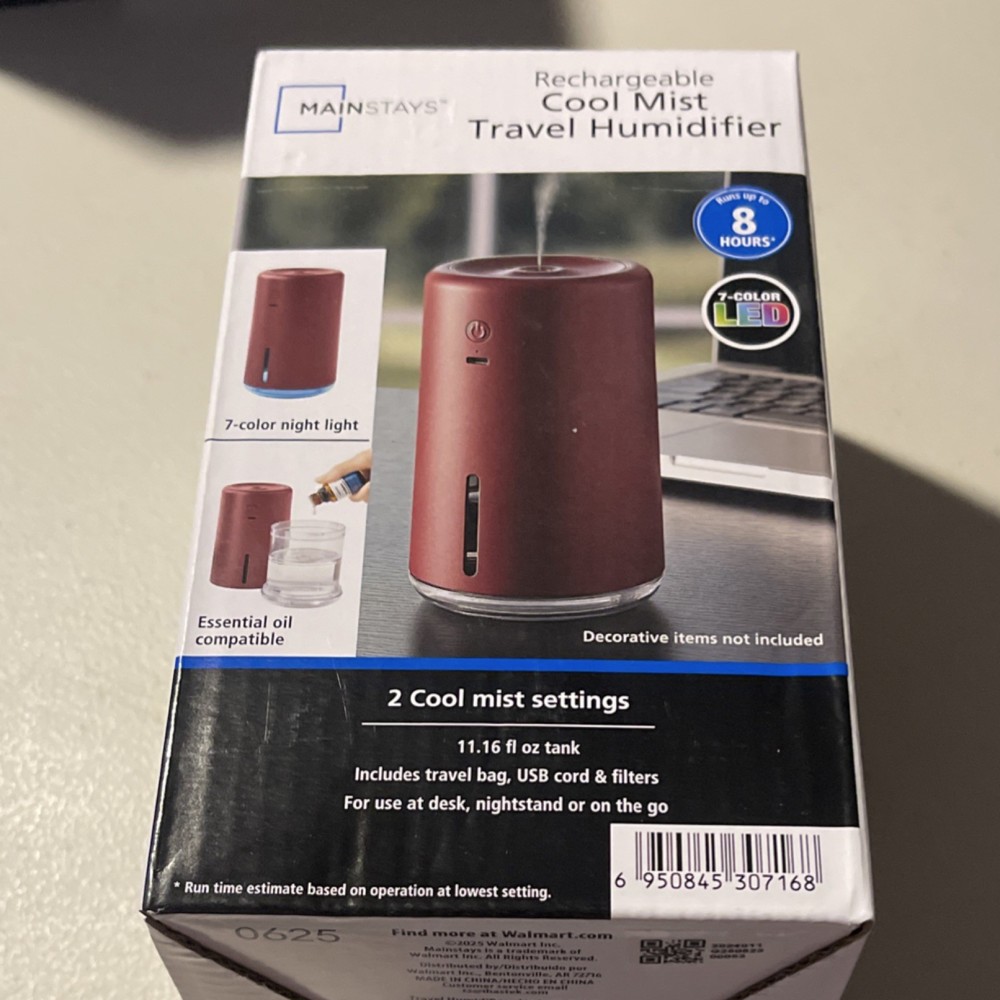 Mainstays Rechargeable Cool Mist Travel Humidifier Red 7-Color LED 11.16 fl oz