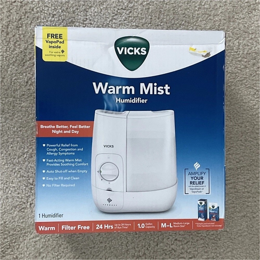 Vicks Warm Mist Humidifier Filter-Free Night Light Adjustable Humidity White