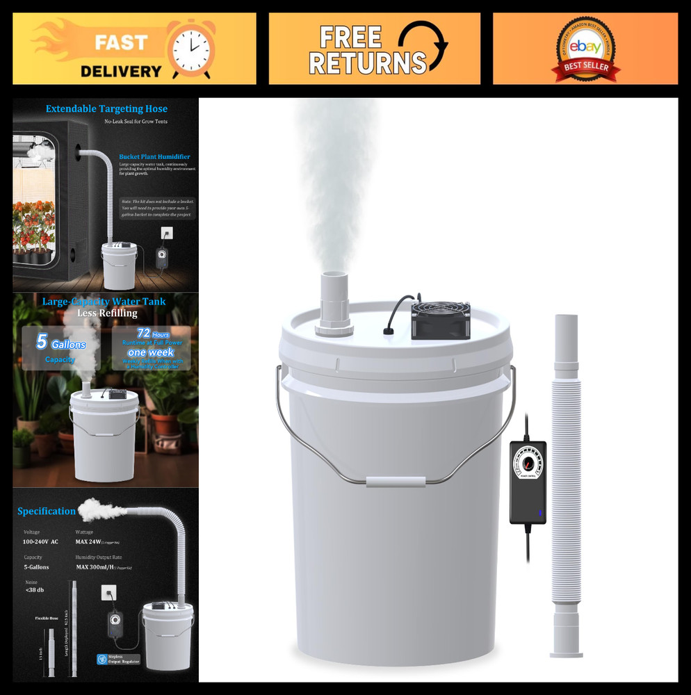 19L Large DIY Humidifier Kit for Plants & Grow Tents – 5 Gallon Bucket Cool Mist